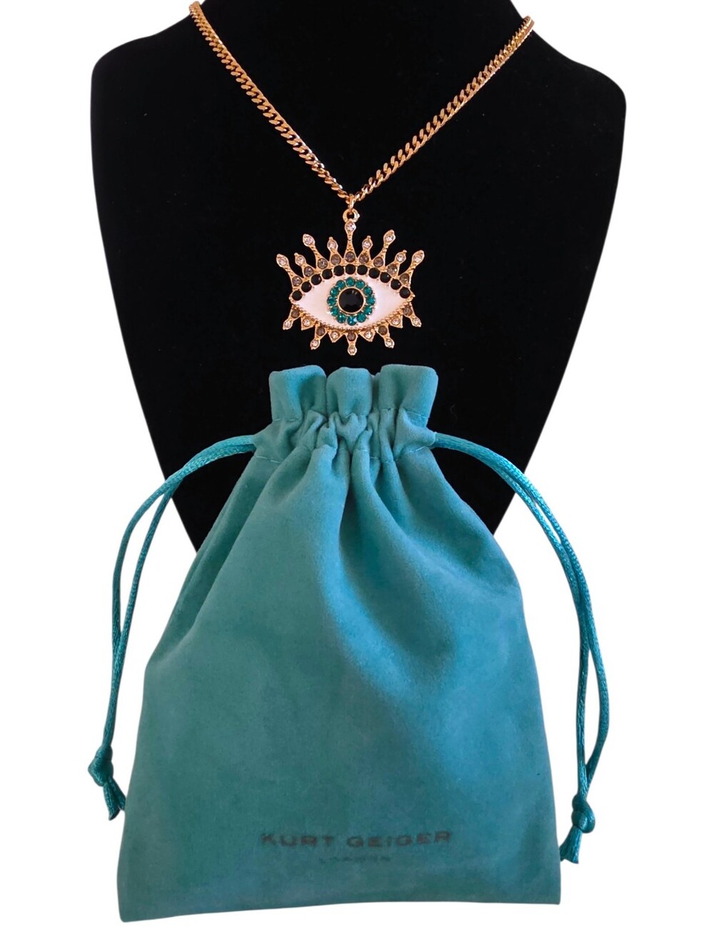NEW Kurt Geiger London Evil Eye Gold-Tone Crystal Pendant Necklace NWT w/ Pouch